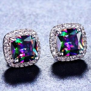 Rainbow Mystic Topaz Diamond Halo Stud Earrings